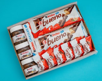 Confezione regalo personalizzata ispirata al cioccolato Nutella e Kinder Bueno con 3 barattoli personalizzati - Regalo per compleanni, regalo per la festa della mamma, regali Eid