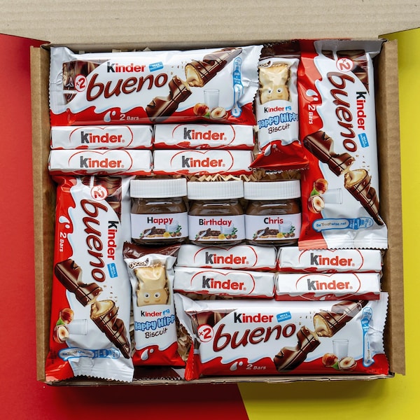 Personalised Inspired by Nutella & Kinder Bueno Chocolate Gift Box - Custom Satin Ribbon - Gift for Birthdays, Mother's Day, Gift for Him