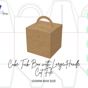 May include: A printable template for a 100mm cube tuck box with a large handle. The template is for a brown cardboard box with a cut-out handle. The template is available in SVG, DXF, PDF, AI, and PNG formats.
