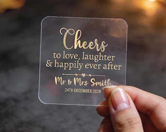 Personalisierte klare quadratische Goldfolie Hochzeits-Aufkleber | "Beschriftete Etiketten ""Cheers to Love"" | Quadratische Etiketten für Gastgeschenke und Flaschen