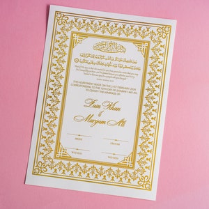 Certificado de matrimonio Nikkah personalizado con lámina de oro, contrato de matrimonio islámico, Nikkah Nama, certificado de matrimonio musulmán, Nikkah Mubarak