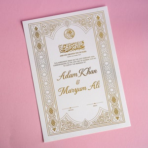 Luxus Gold Foiled Nikkah Hochzeitszertifikat, Islamischer Hochzeitsvertrag, Nikkah Nama, Muslimische Heiratsurkunde, Nikkah Mubarak