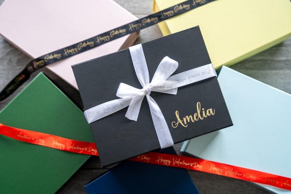 Personalised Magnetic Gift Box with Printed Ribbon | Custom Gift Box with Foil Print | Customisable Sizes & Colours