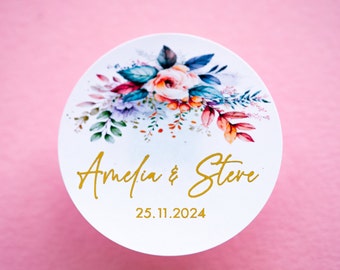 Personalised Floral Print Wedding with Metallic Foil Stickers/Foil Labels/Wedding Favour Stickers/Custom Wedding Stickers/Hen Party Stickers