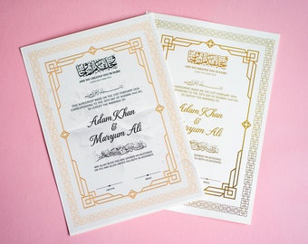 Certificat de mariage personnalisé de Nikkah en feuille d'or, contrat de mariage islamique, Nikkah Nama, certificat de mariage musulman, Nikkah Moubarak