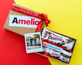 Personalisierte Nutella & Kinder Bueno inspirierte Schokolade Geschenkbox - Benutzerdefinierte Satinband - Geburtstagsgeschenk, Muttertagsgeschenk, Geschenk für Sie / Ihn