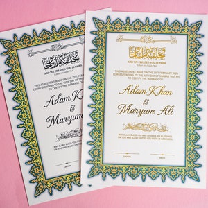 Personalisierte Goldfolie Nikkah Hochzeitszertifikat, Islamischer Hochzeitsvertrag, Nikkah Nama, Muslimische Heiratsurkunde, Nikkah Mubarak