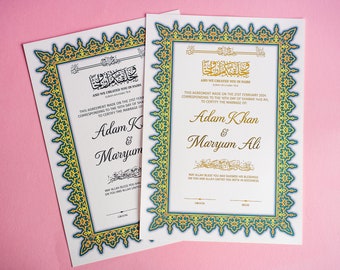 Certificat de mariage personnalisé de Nikkah en feuille d'or, contrat de mariage islamique, Nikkah Nama, certificat de mariage musulman, Nikkah Moubarak