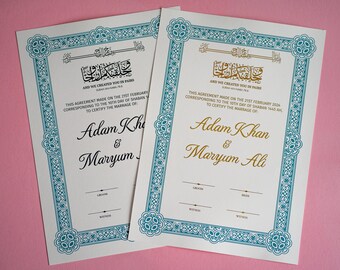 Custom Gold Foiled A4 Nikkah Certificate, Islamic Wedding Contract, Nikkah Nama Certificate, Muslim Marriage Certificate, Nikkah Mubarak