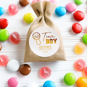 Pegatinas de aluminio para baby shower de Team Boy, pegatinas para baby shower, recuerdos para baby shower, decoraciones para baby shower, revelación de género, fiesta de bebé, etiqueta para bolsa de dulces