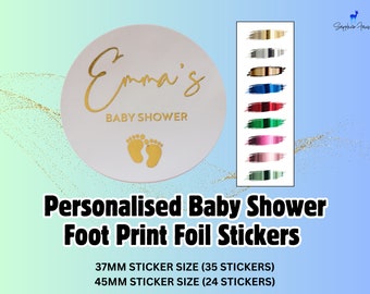 Personalised Baby Shower Foiled Stickers/Baby Shower Labels/Baby Shower Favours/Baby Shower Decorations/Party Bag Stickers/Gender Reveal