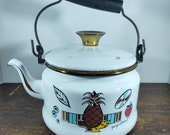 Vintage George Briard Enamel Tea Pot Kettle MCM Pineapple Signed