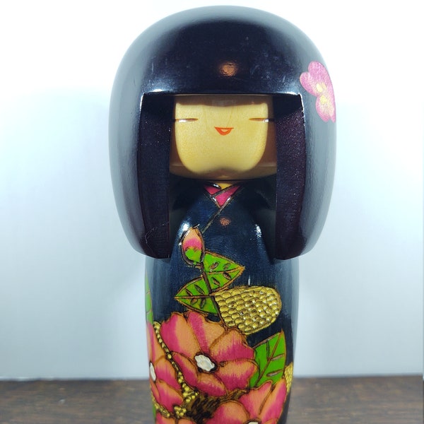 Wood Wooden Kokeshi Doll,Hand Painted, Black Floral Kimono,Japanese Beautiful Doll