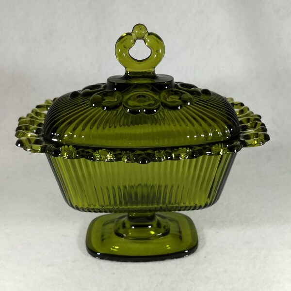 Vintage Olive Green Indiana Glass Oblong  Covered Candy Dish #1470 Lovely Filigree Edging Fancy Pedestal Compote