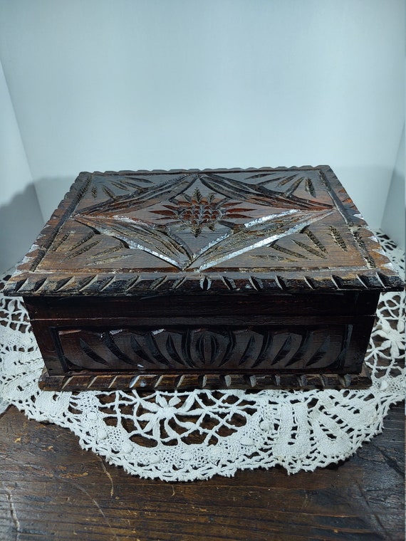 Vintage Wooden Box Carved Lidded Pine Box Decorat… - image 1