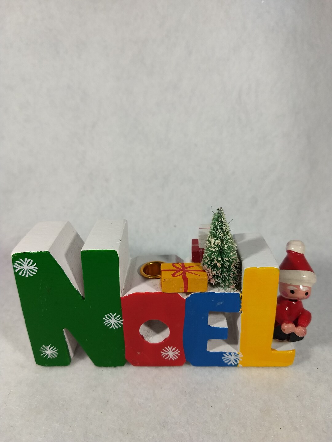 Vintage Noel Candle Holder Bottle Brush Tree Wooden Santa Small Candle