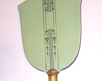 Vintage Hand Mirror, Green With Beveled Mirror and a Brass Handle.