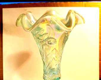 Vintage Fenton Glass Vase, Irredescent Pale Blue Glass.