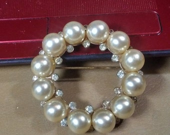 Old Vintage Faux Pearls and Rhinestone Circular Brooch ,Pin. 1940's-50's.