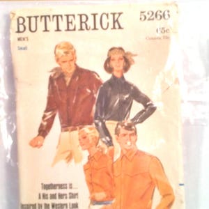 May include: A vintage sewing pattern for a shirt, featuring a couple wearing matching shirts. The pattern is from Butterick and is number 5266. The text on the pattern says "Togetherness is... A His and Hers Shirt Inspired by the Western Look".