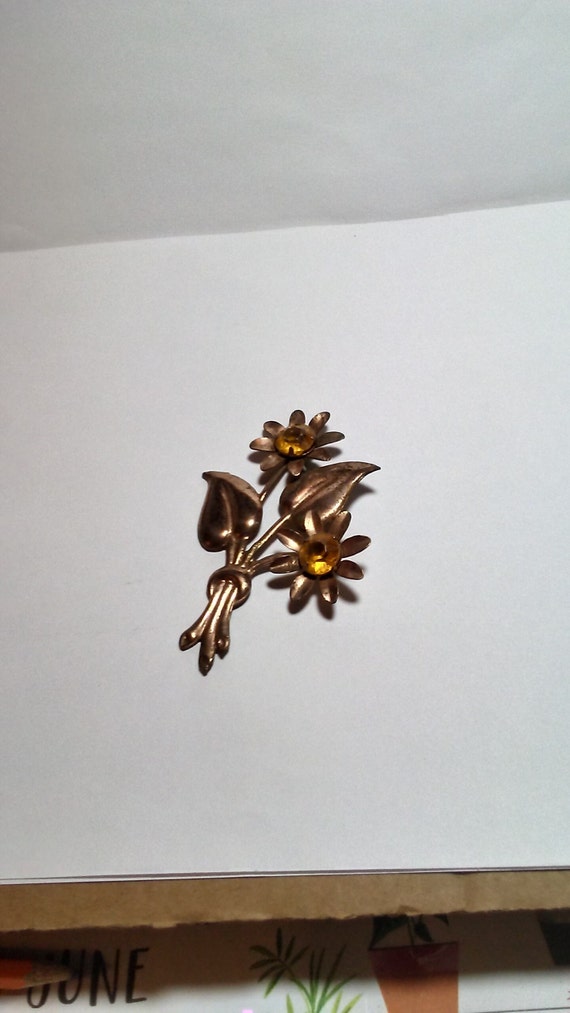 Antique Brass And Amber Rhinestone Flower Pin, Bro