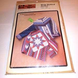 May include: A vintage sewing pattern for a strip-quilted jacket. The pattern cover features two colorful quilted jackets, one with a star design and the other with blue and white patterns. The text on the cover reads "Strip Quilted Jacket" and "Pattern 1007".