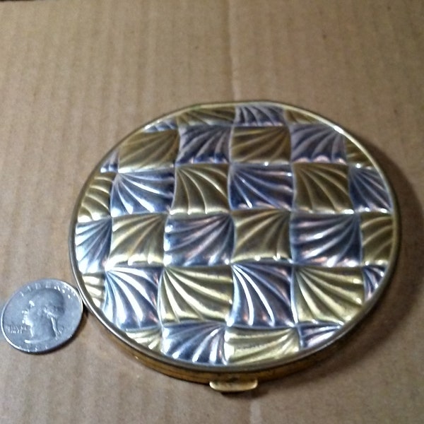 Vintage Gold and Silver Tone Shell Design " REX Fifthe Avenue" Oversized Compact With Old Powder, Stfter, Puff and Mirror From the 1940's..