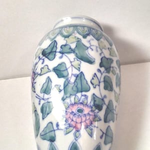 Oriental Looking Urn Shaped Vase. White, Blue and Pink Hand Painted.