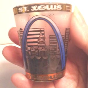 St. Louis Shot Glass, Frosted. 22 K Gold Painted Trim.