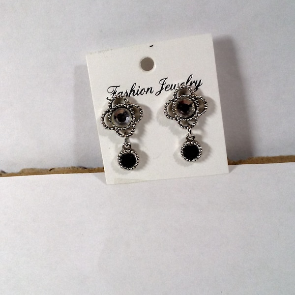 Post Earrings By Ellen Kiam, Black and Clear Crystals On Silver Rhodium Plating.