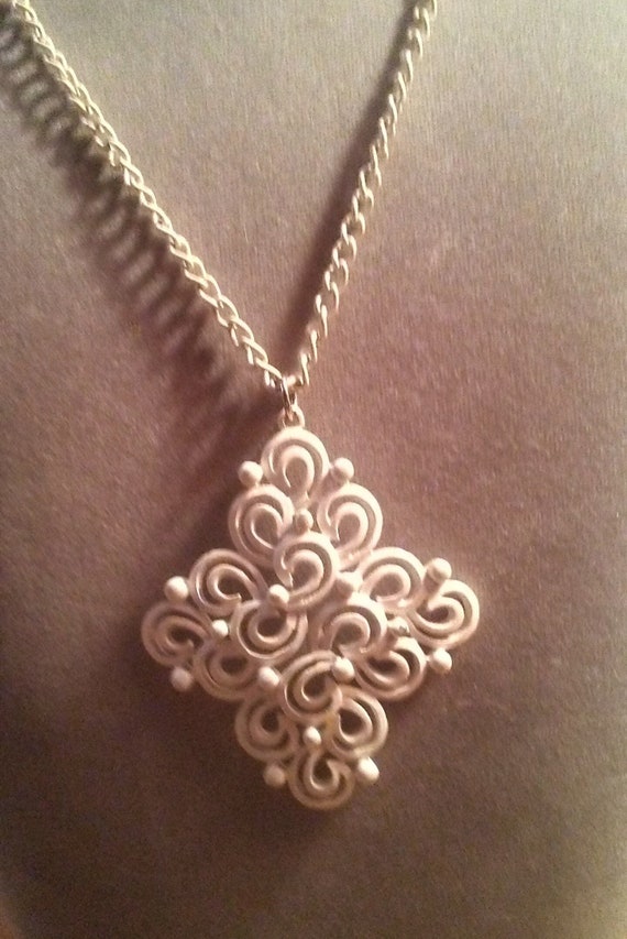 Vintage White Painted Metal Pendant and Chain.