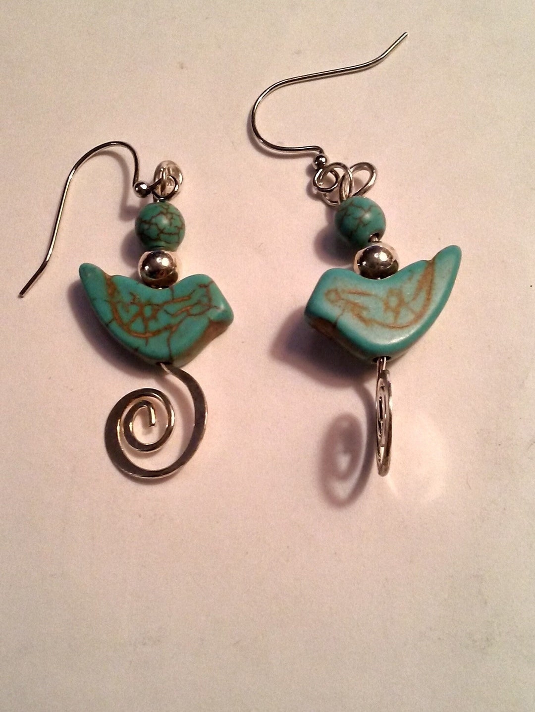 New Real Blue Turquoise Carve Birds and Silver Wires and Hooks. Etsy
