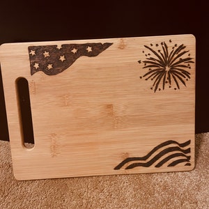 Bamboo charcuterie cutting board with wood burned patriotic USA design