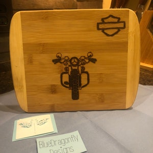 Bamboo charcuterie cutting board with wood burned Motorcycle Design
