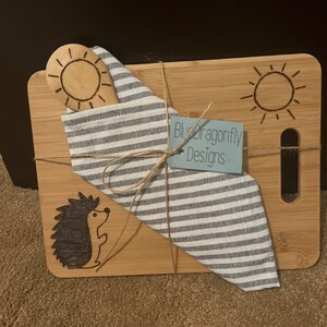 Bamboo charcuterie/cutting board with wood burned by hand hedgehog, design gift set