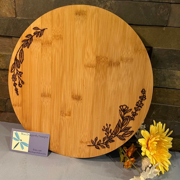 Bamboo 12” Round Charcuterie Cutting Board with Wood burned flower wreath design