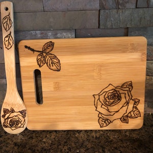 Woodburn Bamboo Cutting board and spoon set with Rose design