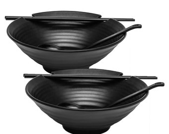 2 x Ramen Bowl Set (Black Melamine), Japanese Style Soup Bowls with Chopsticks and Ladle Spoons Set, Large 37 oz for Ramen Noodles