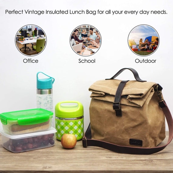 insulated waxed canvas lunch bolsa