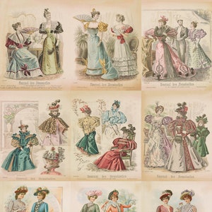 Plaques de mode de 1884 à 1914. Mode du XIXe siècle, mousseline de soie de mode européenne vintage, robes, dentelles. Plus de 350 planches de mode sur 3 x pdfs.