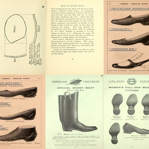 May include: A page from a catalog featuring various styles of shoes, including sandals, clogs, boots, and dress shoes. The page includes illustrations of the shoes and descriptions of their features, such as the type of shank and the materials used. The catalog is for "Candee" brand footwear.