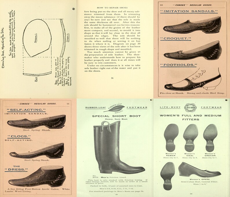 May include: A page from a catalog featuring various styles of shoes, including sandals, clogs, boots, and dress shoes. The page includes illustrations of the shoes and descriptions of their features, such as the type of shank and the materials used. The catalog is for "Candee" brand footwear.