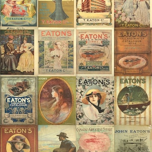 Könnte beinhalten: Eine Collage aus Vintage-Anzeigen für die T. Eaton Company, ein kanadisches Kaufhaus. Die Anzeigen zeigen Bilder von Kleidung, Möbeln und anderen Produkten sowie Text, der für die Kataloge und Verkäufe des Ladens wirbt. Die Anzeigen stammen aus verschiedenen Jahren, von den frühen 1900er Jahren bis in die 1920er Jahre.