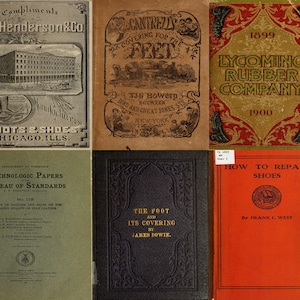 May include: A collage of six vintage book covers. The top row features a book cover with a red, white, and blue design and the text "Cantrells Covering for the Feet". The middle row features a book cover with a green background and the text "Technologic Papers Bureau of Standards". The bottom row features a book cover with a red background and the text "How to Repair Shoes".