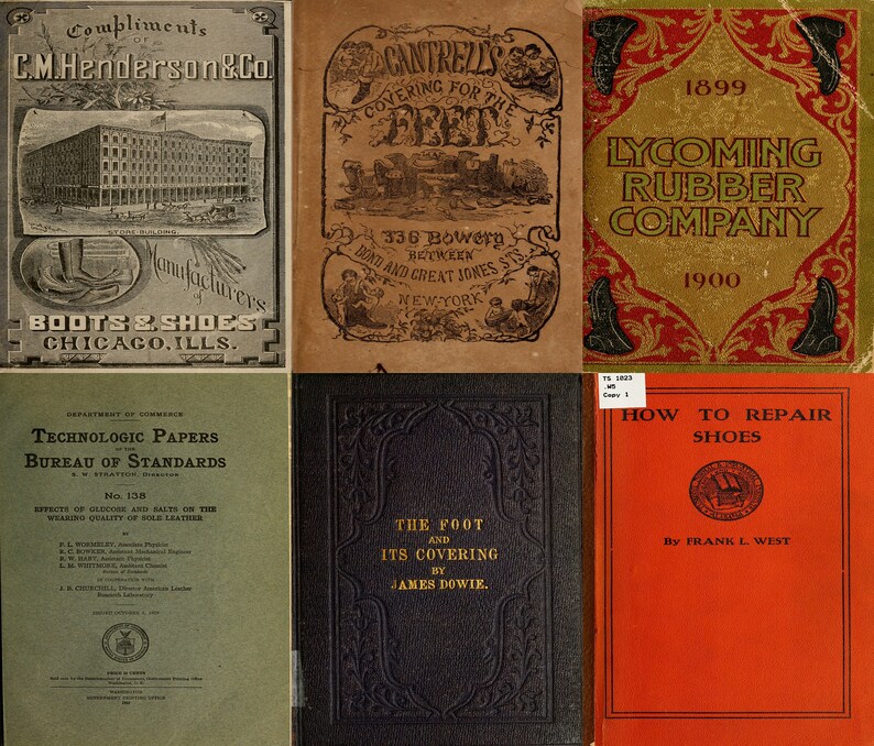 May include: A collage of six vintage book covers. The top row features a book cover with a red, white, and blue design and the text "Cantrells Covering for the Feet". The middle row features a book cover with a green background and the text "Technologic Papers Bureau of Standards". The bottom row features a book cover with a red background and the text "How to Repair Shoes".