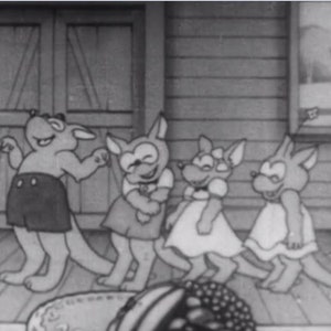 May include: Black and white cartoon illustration of four anthropomorphic animals dancing on a porch. The animals are wearing clothes and have human-like features.