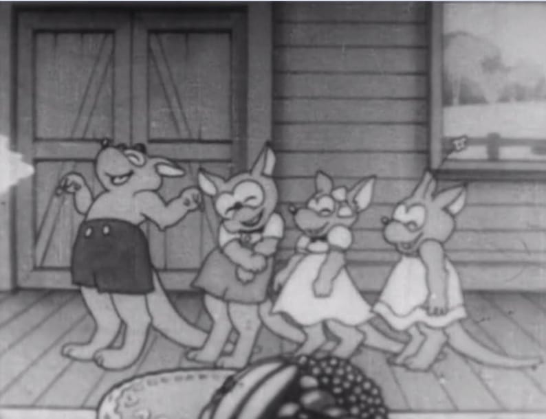 May include: Black and white cartoon illustration of four anthropomorphic animals dancing on a porch. The animals are wearing clothes and have human-like features.