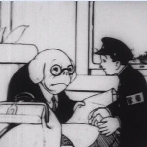 May include: A black and white cartoon image of a dog-like creature wearing glasses and a suit talking to a young man wearing a conductor's uniform. The man has a badge on his uniform that says "B.B."