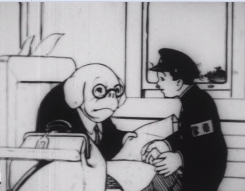 May include: A black and white cartoon image of a dog-like creature wearing glasses and a suit talking to a young man wearing a conductor's uniform. The man has a badge on his uniform that says "B.B."