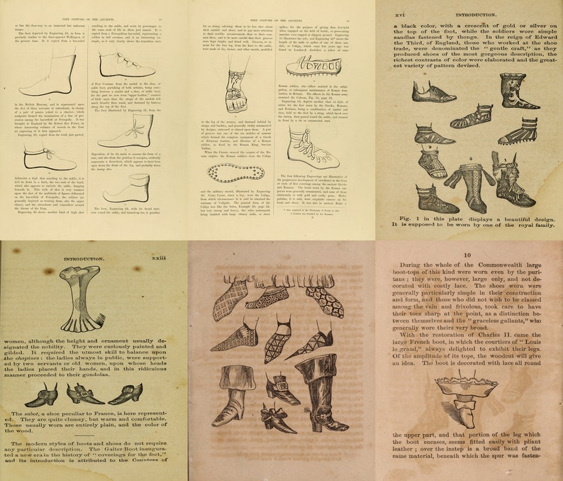 May include: A collection of historical illustrations depicting various styles of footwear from different eras. The images showcase different types of shoes, boots, and sandals, including those worn by royalty and commoners. The illustrations provide a glimpse into the evolution of footwear design and fashion throughout history.